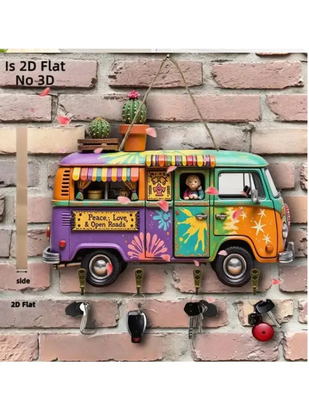 Colorful Bus Cactus Peace Love Wooden Key Holder 2D Flat Wall Hanging Organizer